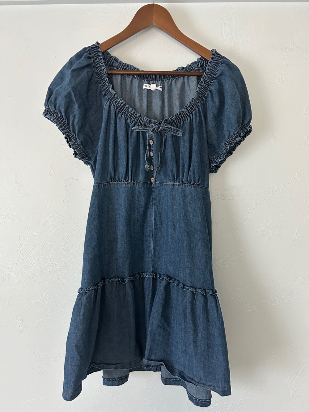 Celebrity Pink Dark Blue Denim Peasant Tie Back Mini Dress